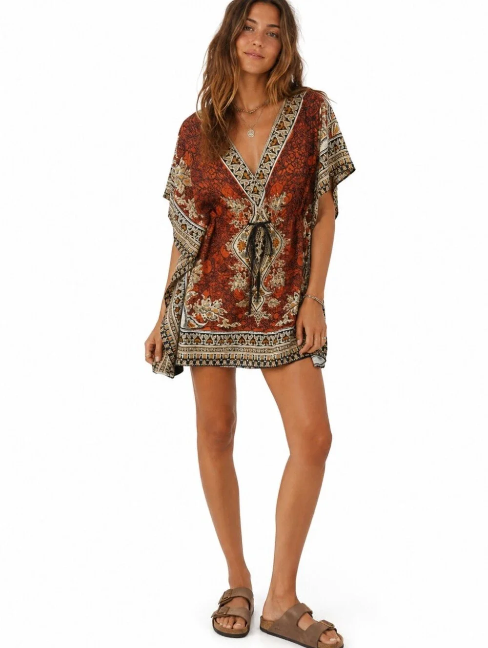Bohemian Caftan Multicolor Orange Paisley Tribal Print V-Neck Tunic Dress OS